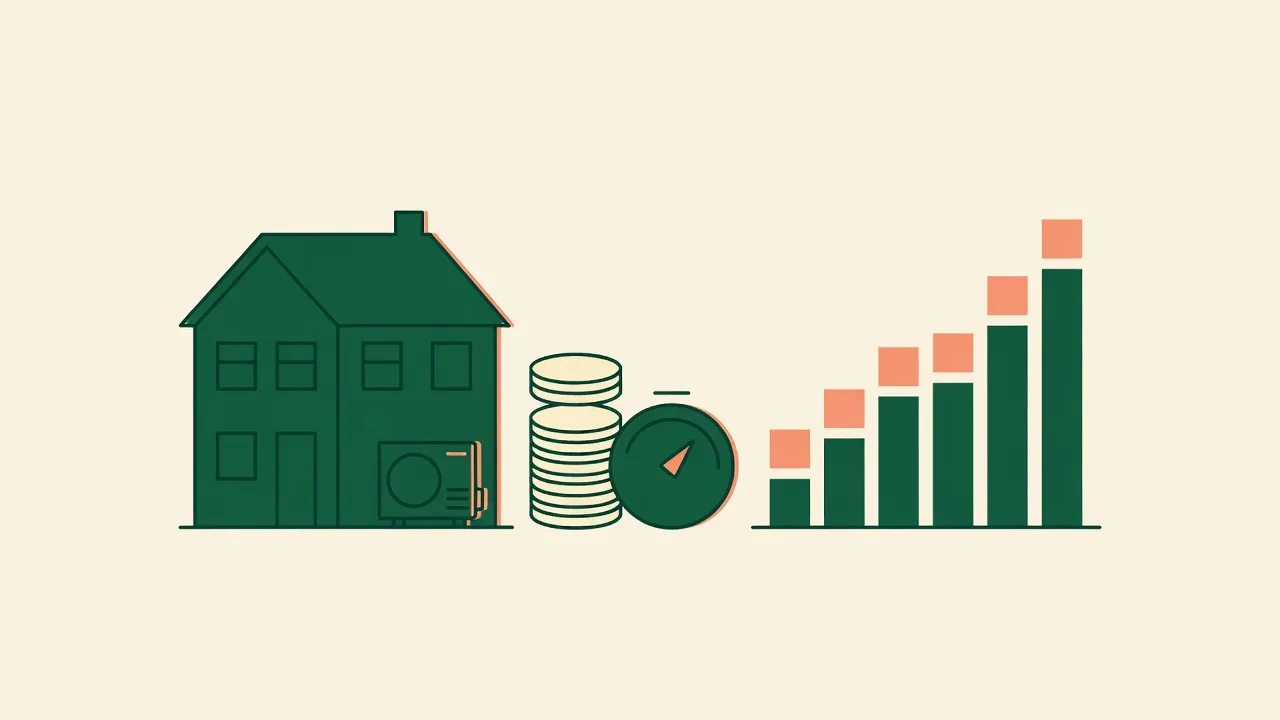 House, stacked coins, gauge and rising bars showing air to air heat pump running costs