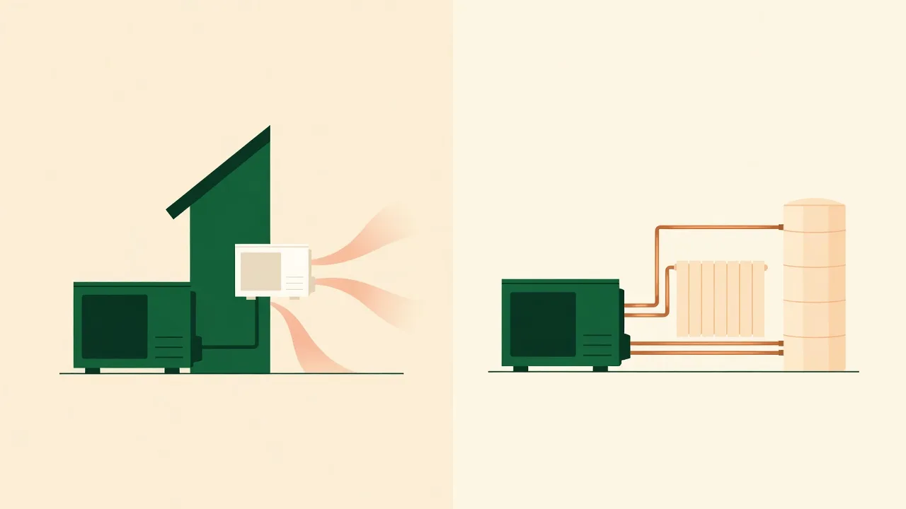 Explainer comparing an air to air heat pump warming a room with an air-to-water radiator and hot water tank