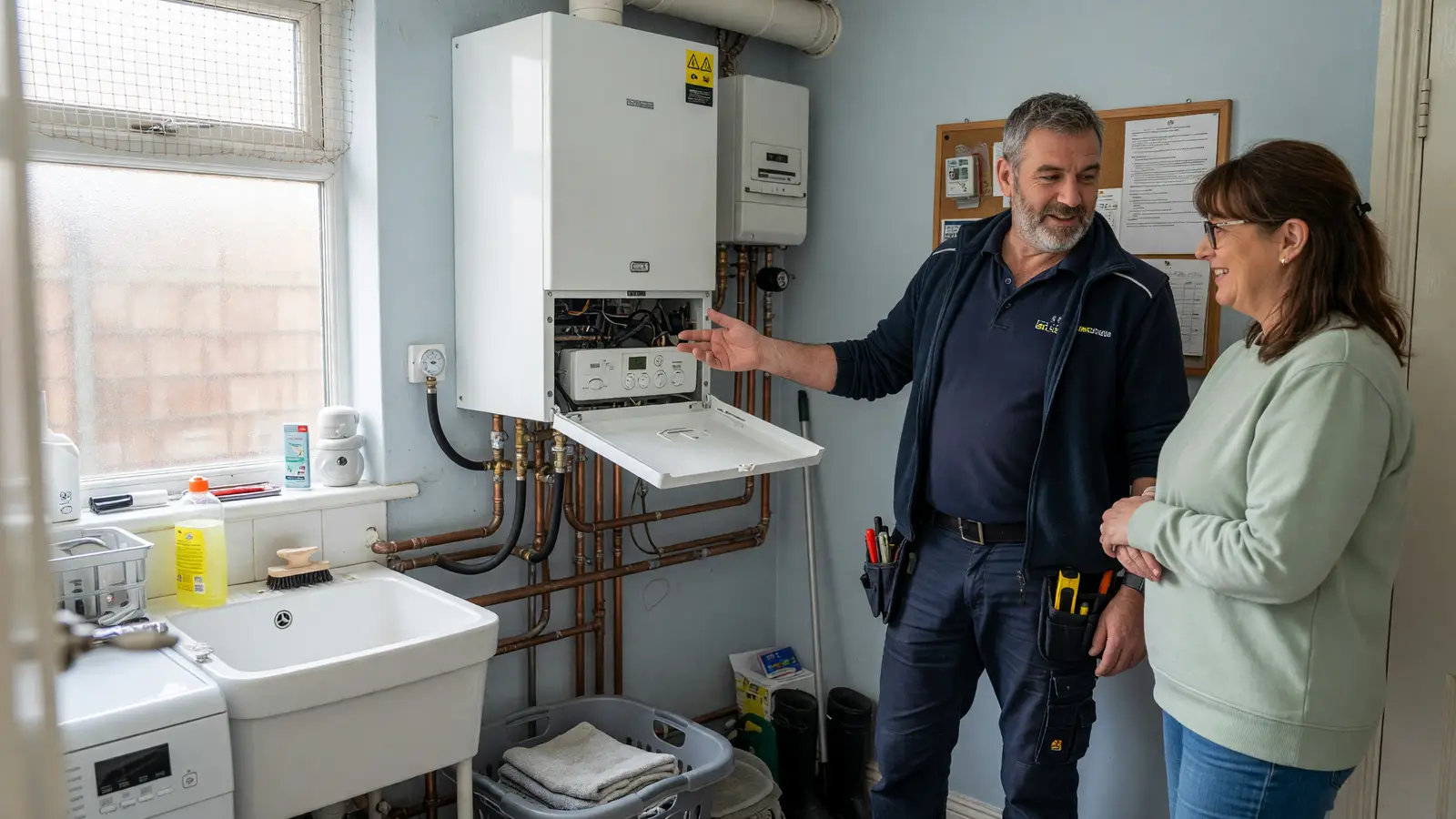 Heating engineer surveying a homeowner's wall-mounted boiler before a Boiler Upgrade Scheme heat pump quote